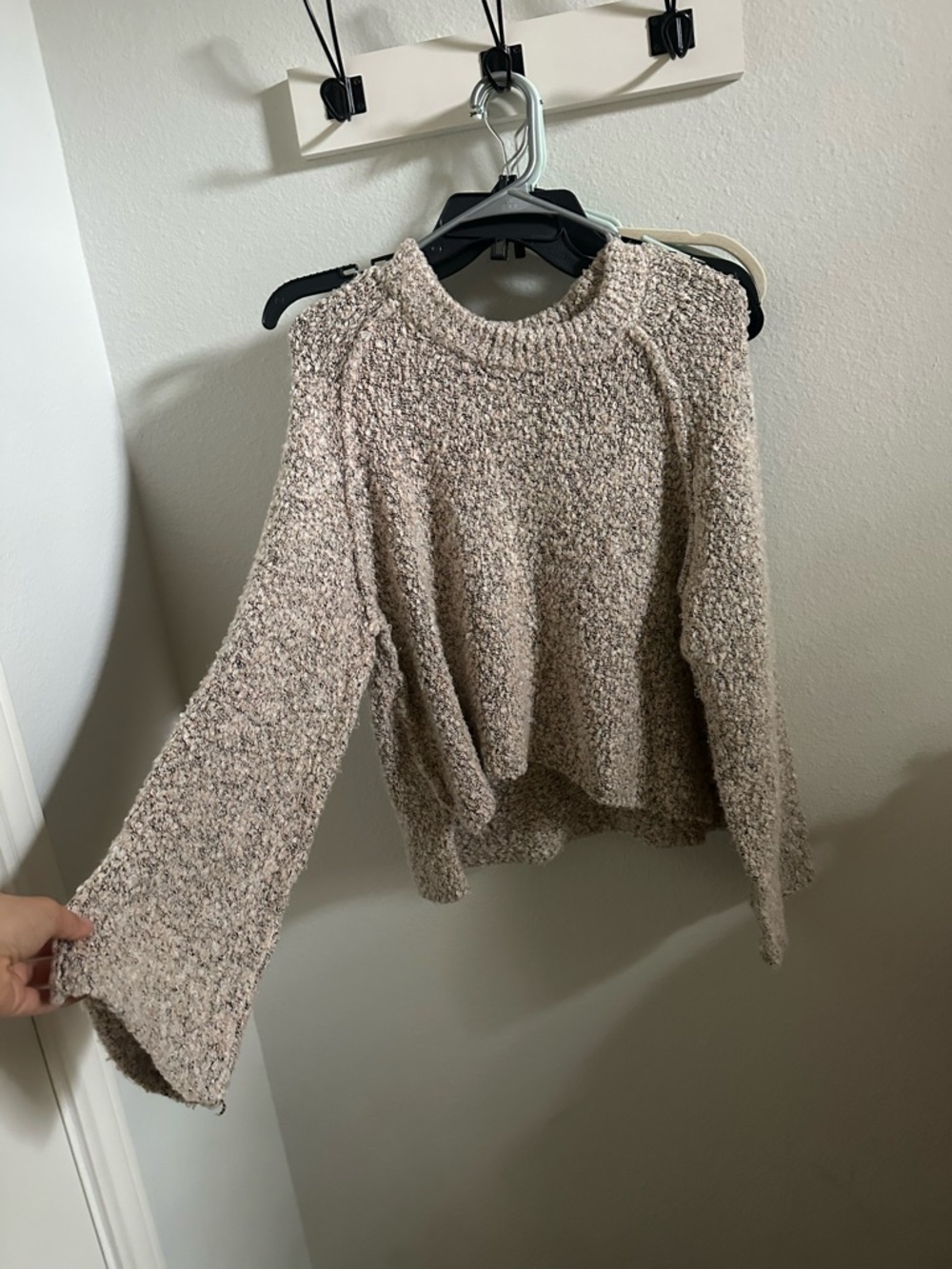 Free People Taupe A-Symmetrical Textured Bouclé Crewneck Sweater